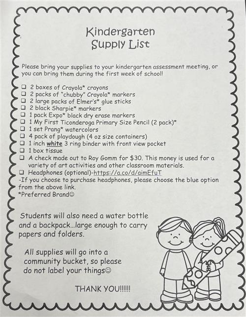 Kindergarten Supply list